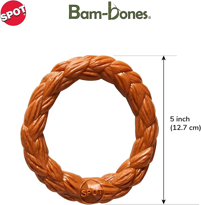 SPOT Bam-Bones Braided Ring - Made with Strong Bamboo Fiber, Durable Long Lasting Dog Chew Toy for Light to Moderate Chewers, for Adult Dogs & Teething Puppies Under 30lbs, 5in, Hickory Smoke Flavor