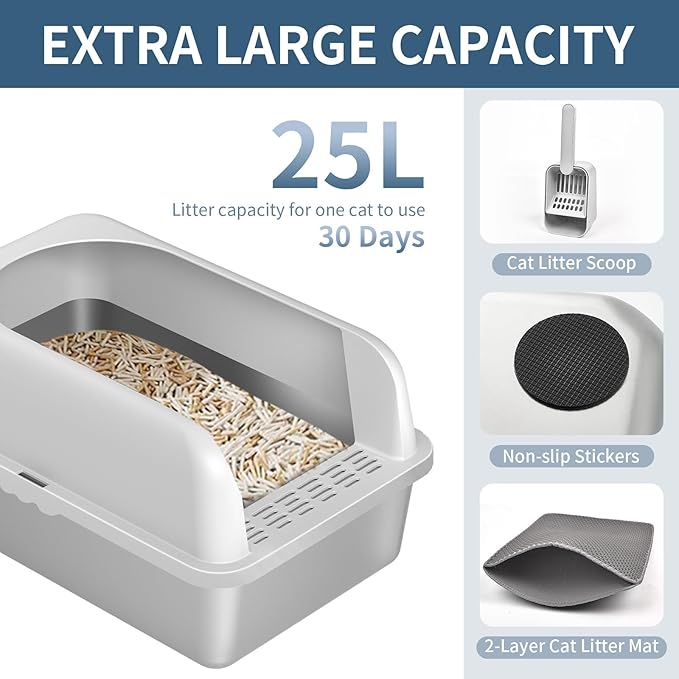 Prodigen Extra Large Stainless Steel Cat Litter Box with Lid High Wall Sides Enclosure, Non-Sticky, Anti-Leakage, Easy Cleaning，with Cat Mat & Metal Scoop, 24" L x 16" W x 12" H, 2 Pack