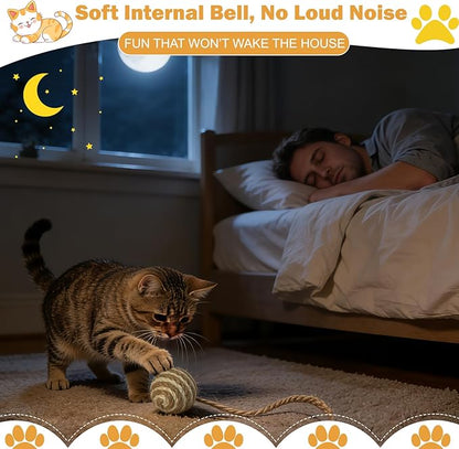 Cat Toy Ball with Sisal Rope Wrapping – 3 Pack Sisal Cat Toy Ball with Rope & Quiet Bell, 1.77" Natural Interactive Cat Scratching Ball for Indoor Cats (Beige, Yellow, Striped)