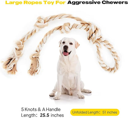 PetiFine Dog Rope Toys for Aggressive Chewers - Large, Tough Indestructible Natural Cotton Rope Toy with 3 Big Knots and a Handle for Tug of War