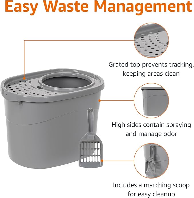 Amazon Basics Large Cat Litter Box with High Sides, Top Entry, Odor Control, Includes Scoop, 20.5 x 14.75 x 14.38 inches, Grey