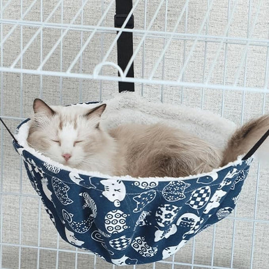 Warm Cat Hammock Lounge Hanging Bed for Cage Kennel Chair with Metal Frame, Adjustable Straps, Reversible Cat Bed, Machine Washable, Suitable for All Seasons (Blue,Small)