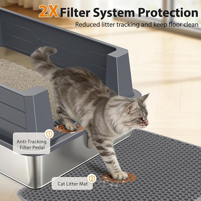 FURTIME XXXL Extra Large Stainless Steel Litter Box with Lid, Large Cat Litter Box for Big Cat, Large Metal Cat Box with High Sided, Non-Stick, Easy Cleaning, Includes Scoop and Mat