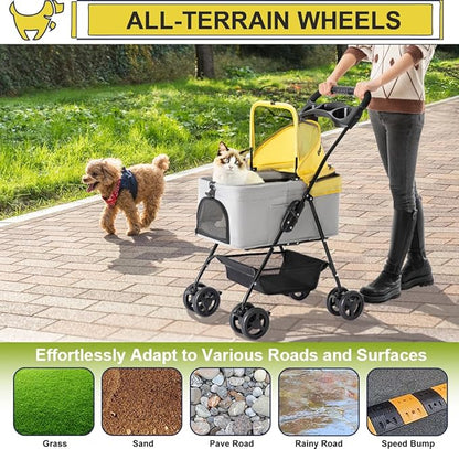 3-in-1 Pet Stroller for Small Dogs and Cats, Folding Lightweight Dog Stroller with Detachable Carrier Portable Cat Puppy Jogging Stroller with Cup Holder and Storage Basket, 4 Wheels
