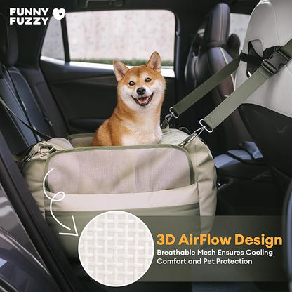 FUNNY FUZZY Waterproof Dog Car Seat for Small & Medium Dogs Up to 35lbs, Detachable & Washable Pet Booster Seat with Leash, Thick Cushion, Storage Pockets & Adjustable Straps (Green)