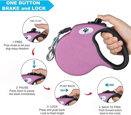 16ft Retractable Dog Leash for Medium Breed Dogs up to 44 lbs with a Detachable Chew Proof Extender Wire Ropes (Pink M)