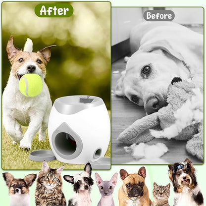 Dog Ball Launcher, Interactive Dog Training Toy, Tennis Ball Reward Machine with Automatic Treat Dispenser, Puppy Balls Thrower Machine, Training Automatic Feeder for Small and Medium Dogs (Gray)