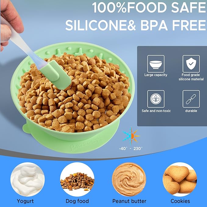 Dog Lick Bowl – Silicone Lick Mat for Dogs, Freezer-Safe, Slow Feeder, Non-Slip Base, Includes Brush & Scraper, Large Opening for Anxiety Relief & Oral Health, Ideal for Frozen Treats (Green)-Large