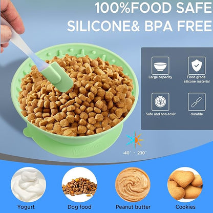 Dog Lick Bowl – Silicone Lick Mat for Dogs, Freezer-Safe, Slow Feeder, Non-Slip Base, Includes Brush & Scraper, Large Opening for Anxiety Relief & Oral Health, Ideal for Frozen Treats (Green)-Large