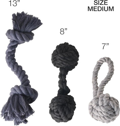 Brady The Rope Tug Toy 3-Pack Organic Cotton Dog Rope Pull Toys for All Pet Breeds, Gray Ombre, One Size