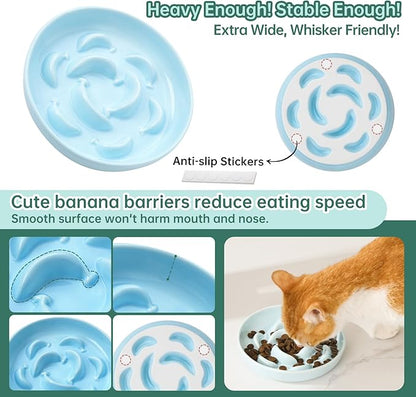 Cat Slow Feeder Bowl Set - 2 Pcs Ceramic Cat Food Plates for Slow Eating - Double Cat Dish for Dry Wet Food - Slow Feeding Cat Bowls Whisker Friendly - Microwave and Dishwasher Safe - White and Blue