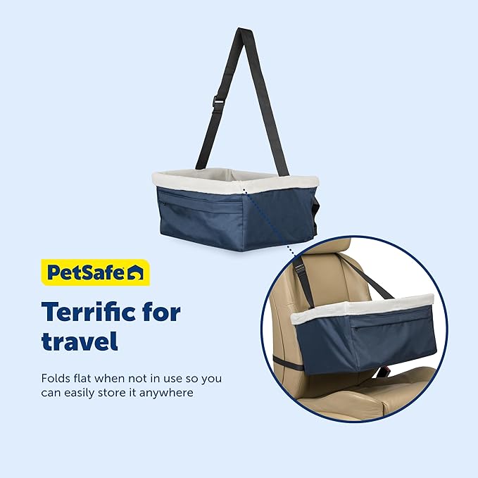 PetSafe Happy Ride Booster Seat for Dogs - Open Road Comfort - Safe Tether System - Zipper Pouch Dog Seat - Machine Washable Fleece Liner - Easy Install Design - Navy - Up to 25 lb