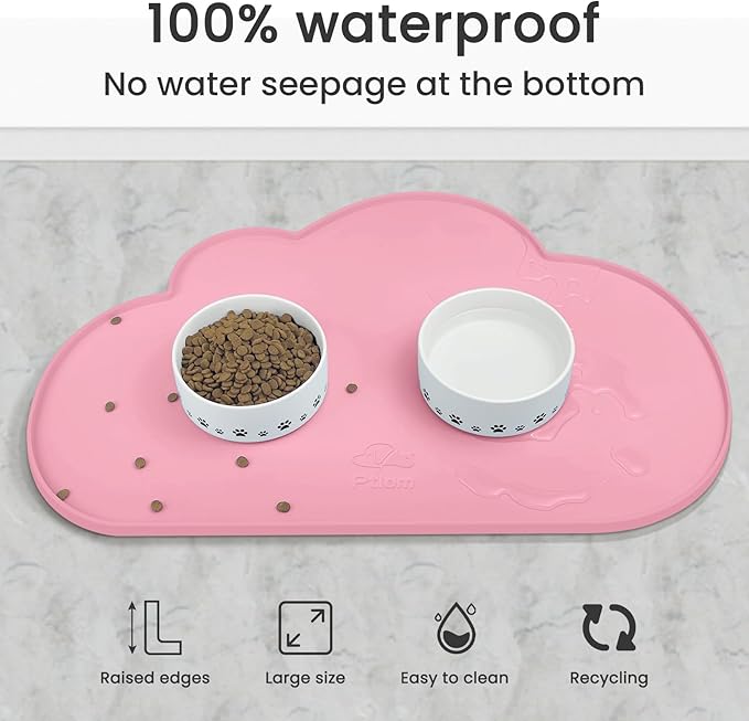 Ptlom Silicone Pet Feeding Mat for Dogs and Cats, High-Lips Pet Placemat Non-Slip Waterproof Bowl Mats Prevent Food and Water Overflow, Puppy Dish Tray Mat Suitable for Small Medium Large Pets, Pink