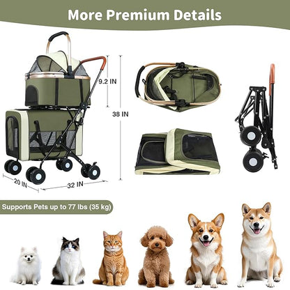 Double Pet Stroller for Dogs and Cats: Dog Stroller Foldable Travel Carriage with Detachable Carriers, Safety Belts, and 4 Lockable Wheels for Small to Medium Pets – Ideal for Multi-Pet Homes (Green)