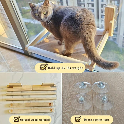 Foldable Cat Window Perch, Natural Wood, 16.5''×12'' Hammock, 35 lbs Weight Limit, Cat Window Hammock for Small Size Windows