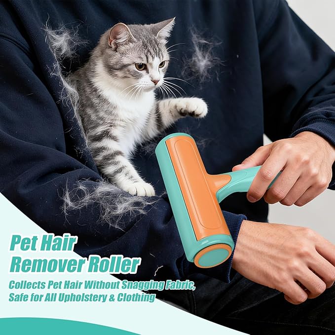 Roller Pet Hair Remover – Reusable Lint Roller for Dog & Cat Hair on Furniture, Couch, Carpet, Rugs, Bedding & Car – Portable, Eco-Friendly (Light Blue)