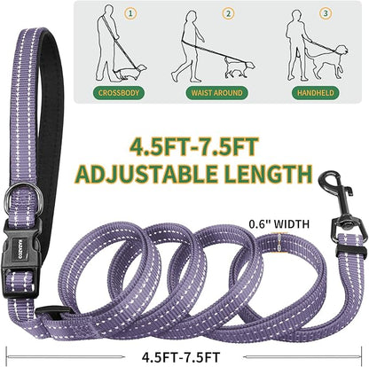 Kazazoo Hands-Free Dog Leash with Poop Bag Holder, Adjustable 4-7 Ft Waist for Dog Walking, Running for Small & Medium Dogs with Reflective Strips, Nylon Waist Belt, Deep Purple