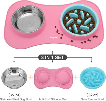 Slow Feeder Dog Bowls 3 in 1 Stainless Steel Dog Food and Water Bowls with Non-Spill Non-Skid Silicone Mat to Slow Down Eating for Large Medium Small Breed Size Dogs and Cats (Pink Blue)