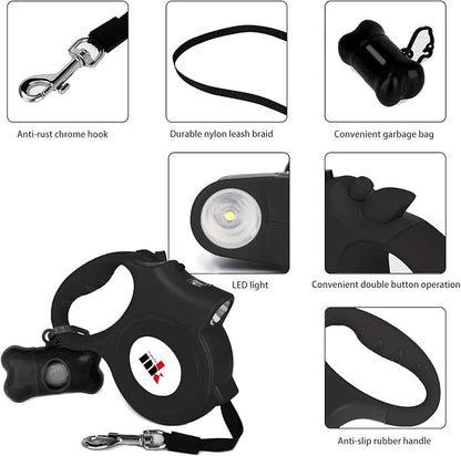 Retractable Dog Leash with LED Light Makife 5m Extendable Dog Lead for Small Medium Puppis up to 25kgs, One-Hand Brake & Lock System, Ergonomic Handle - Black