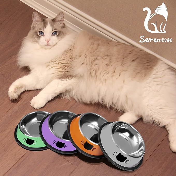 Serentive 3Pcs Cat Bowls, Non-Slip Stainless Steel, 7 Oz, Suitable for Indoor Pets, Removable Rubber Base, Lovely Color
