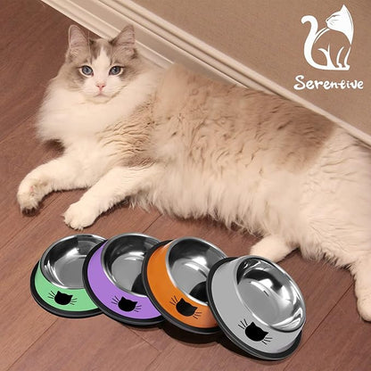 Serentive 3Pcs Cat Bowls, Non-Slip Stainless Steel, 7 Oz, Suitable for Indoor Pets, Removable Rubber Base, Lovely Color