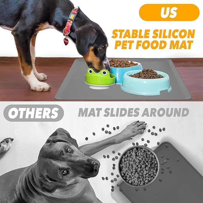 TidyFriend Pet Food Mat - 39 x 26 x 0.5 Inches, Pet Tray for Food and Water, Dog Food Mats, Silicone Cat Food Mat, Non Slip Pet Food Mat Large, Dog Bowl Mat Waterproof, Pet Supplies (Dark Grey)