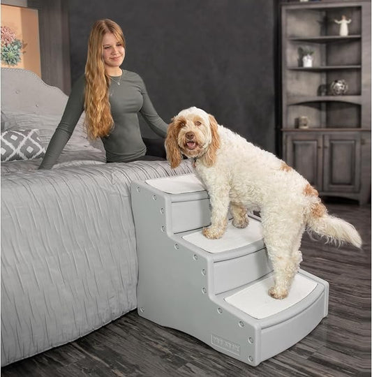 Pet Gear Easy Step III Extra Wide Pet Stairs, 3 Step for Dogs/Cats up to 200 pounds, Removable/Washable Carpet, Easy Assembly (No Tools Required), Fog