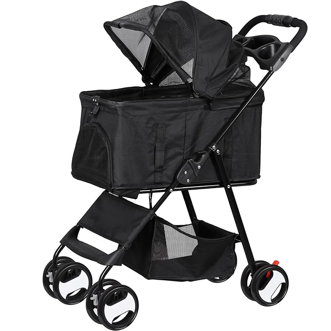 Pet Stroller 4 Wheels Dog Cat Stroller, Detachable Carrier Travel Folding Carrier for Small Medium Dog Cats (Black)