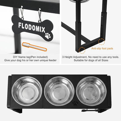 Metal Elevated Dog Bowls for Medium/Large Breed, 3 Adjustable Height(8.8''/11.5''/14'') Raised Dog Bowls Stand with Three 58oz Large Stainless Steel Dog Bowls, with The Splash pad