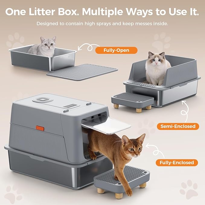 GTPLAYER XXL Stainless Steel Cat Litter Box with Lid, Smart Odor Control Enclosed Litter Box for Cats, Infrared Sensor Auto Pause, Non-Stick Anti-Leak High-Sided, with Mat, Scoop & Step, Grey