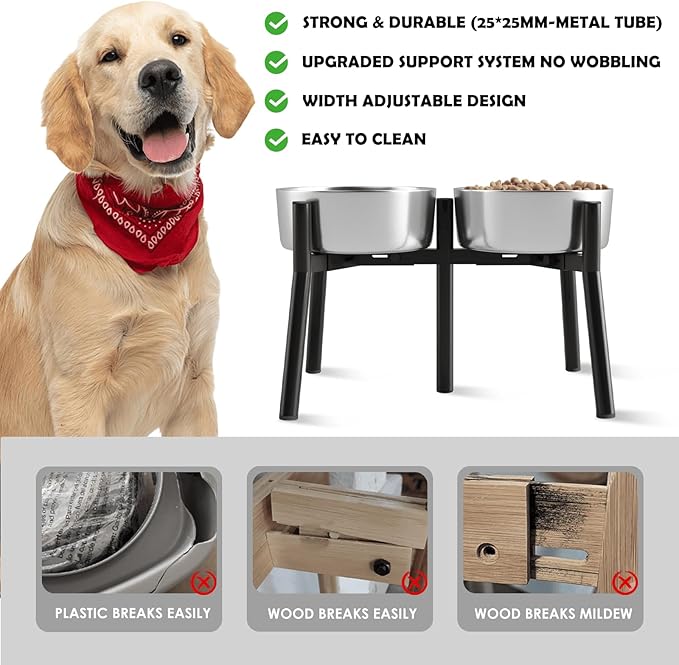 Adjustable Raised Dog Bowl Stand for Medium & Large Dogs – 11" Tall Elevated Feeder Fits 7–10.6" Wide Bowls, 2-in-1 Dog Food & Water Bowl Holder (Bowls Not Included)