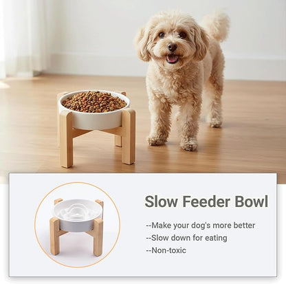 Ceramic Slow Feeder/Dog Bowl for Small Medium Dogs,Elevated/Raised Slow Feeding Dog Food Water Dish Heavy Weighted,Puzzle Eating Bowl Modern Maze (White, 8.26in)