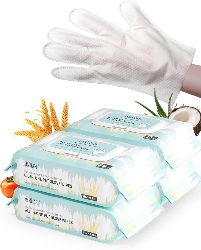 100 Pcs Pet Glove Wipes, Cleaning & Deodorizing for Dogs & Cats, Hypoallergenic Dog Bath Wipes with Natural Persimmon Tannin, Unscented Wipes for Ears, Fur, Paws