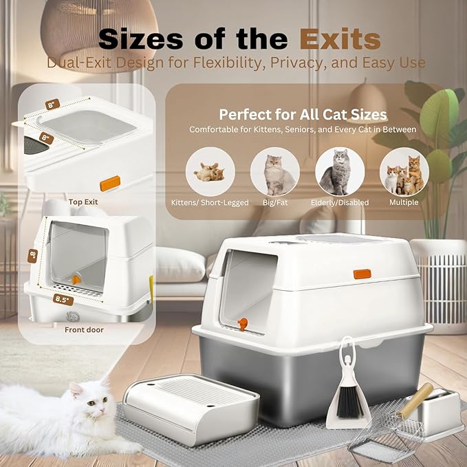 Fully Enclosed XXL Stainlessss Steel Litter Box with Lid, 8" Deep Pan, Large Stainless Steel Cat Litter Box for Big Cat with Scoop, Step Board, Mat, Brush, Odor-Free, Anti-Leak, Non-Stick (White)