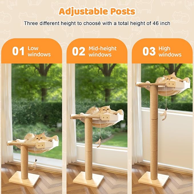 Cat Window Perch with Scratching Post, 46" Adjustable Tall Scratching Posts & Suction Cup – White Rabbit Fur Pad, Multi-Level Perch for Climbing, Bird Watching, Play, Supports 45 lbs (Drilling-Free)