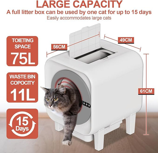 [Meowra] Self-Cleaning Cat Litter Box, 75L XL Capacity(48x55x61cm), WiFi APP Control, Odorless Automatic Cat Toilet with Garage Bags