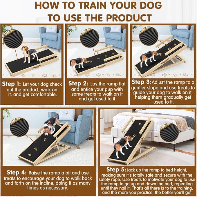 55.11" Adjustable Dog Ramp for Bed - Upgraded Wooden Pet Ramp with Non-Slip Silicone Surface and Side Rails, 6 Height Settings (19.68-27.55"), Holds Up to 250lb, Pet Stairs for Senior & Large Dogs