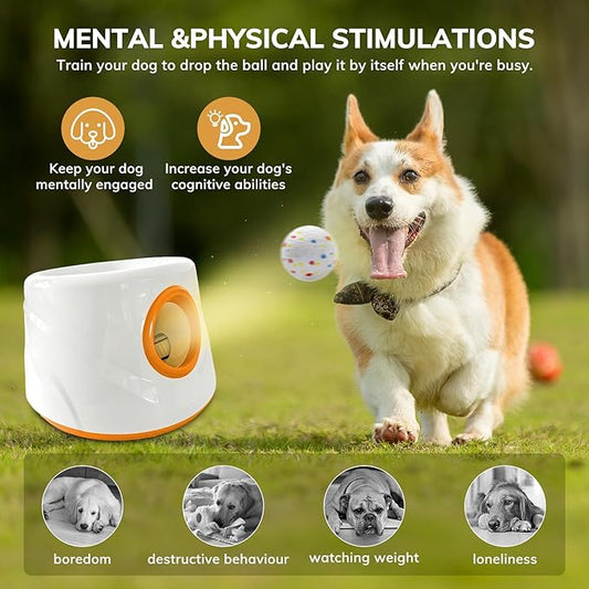 Automatic Dog Ball Launcher for Small/Medium Dogs - Small Silent Design, 3 Distance Settings (20ft/33ft/46ft), Rechargeable, 10 Durable 2.3" Balls Included (Dog Ball Launcher-Orange)