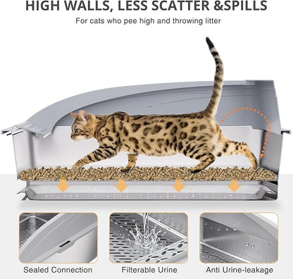 23.6"x15.7"x13.78" Stainless Steel Sifting Litter Box with Lid, XL Sifting Design for Pine Pellets, High Sides Metal Litter Box for Big Cats 7.9in Deep, Easy-to-Clean Removable Drawer Pan