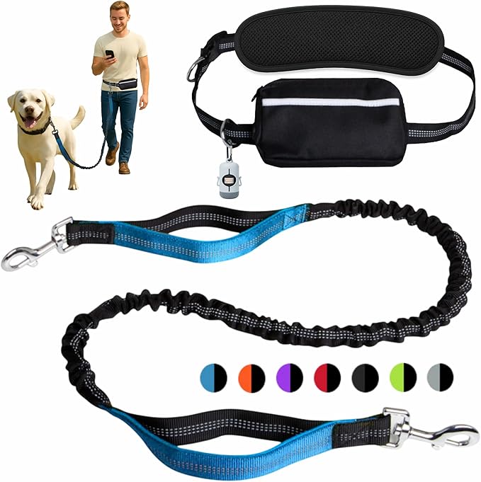 Hands-Free Dog Leash for Dogs up to 130 lbs – Heavy-Duty, Shock-Absorbing Bungee Leash with Zipper Pouch, Dual Padded Handles & Adjustable Waist Belt for Running & Walking – Sky Blue