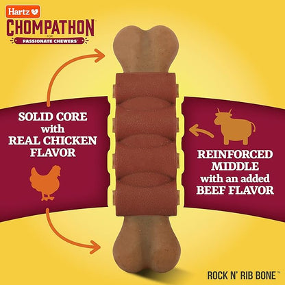 Hartz New Chompathon Rock 'N Rib Bone Dog Chew Toy for Aggressive Chewers, Double Layered Flavored with Chicken & Beef (Pack of 2)