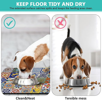Moroccan Trellis Dog Food & Water Mat, Mexican Talavera Boho Colorful Pet Feeding Mat for Floor Non-Slip Waterproof, Super Absorbent Cat Bowl Mat, Easy to Clean Durable Pet Placemat,12" × 20"