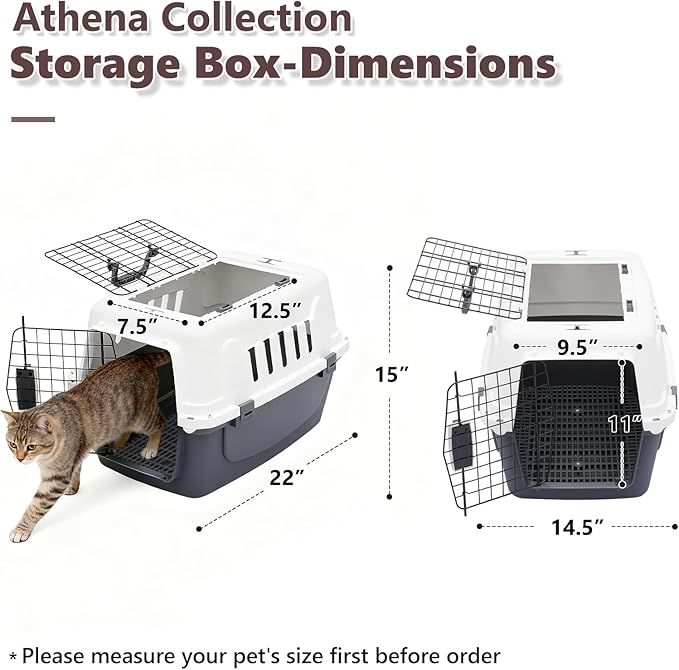 Athena Collection 22" Hard-Sided Travel Pet Carrier for Small Dogs and Cats, Plastic Dog Crate with 2-Door Top & Front Load, Ventilation, Security Lock, Cat Dog Carrier for Pet, up to 22lbs, Grey