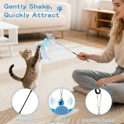 Pawaboo Feather Teaser Cat Toy, Interactive Feather Wand Cats Toy Flying Feathers Cat Catcher with Extra Long 34.5" Wand and Small Bell, Exerciser Playing Toys for Kitten or Cats, Blue Butterfly