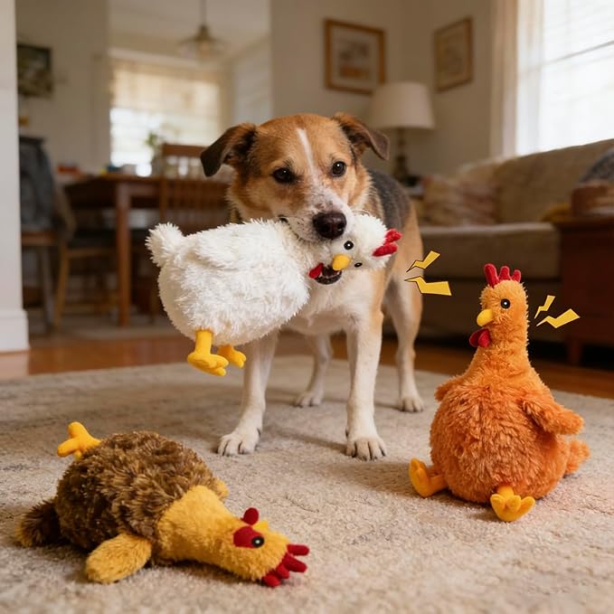 3 Pack Squeaky Stuffed Dog Toys – Fat Plush Chicken Chew Toy, Cute & Funny Interactive Puppy Toy for Small, Medium & Large Dogs