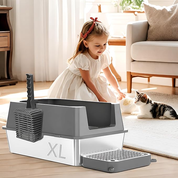 Extra Large Stainless Steel Cat Litter Box - 23.5" x 15.5" x 12" - High Sided Walls for Big Cats, Anti Urine Leakage, Odorless and Easy Cleaning - Foot Pad, Mat, Scoops & Deodorizer - XL Litter Box