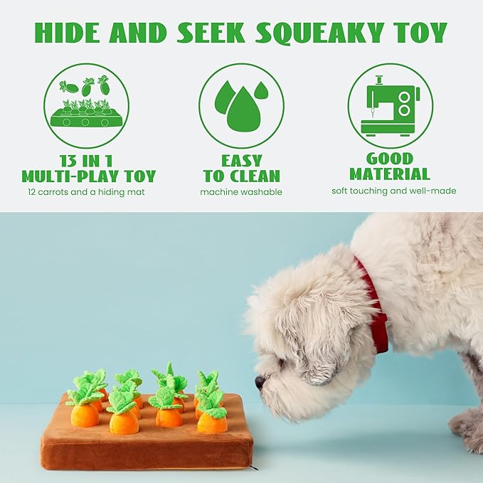 Nocciola Easter Carrot Dog Toys, 12PC Squeaky Carrots & Farm Snuffle Mat for Hide and Seek Snuffle Toys for Small and Medium Dogs, Easter Dog Toy