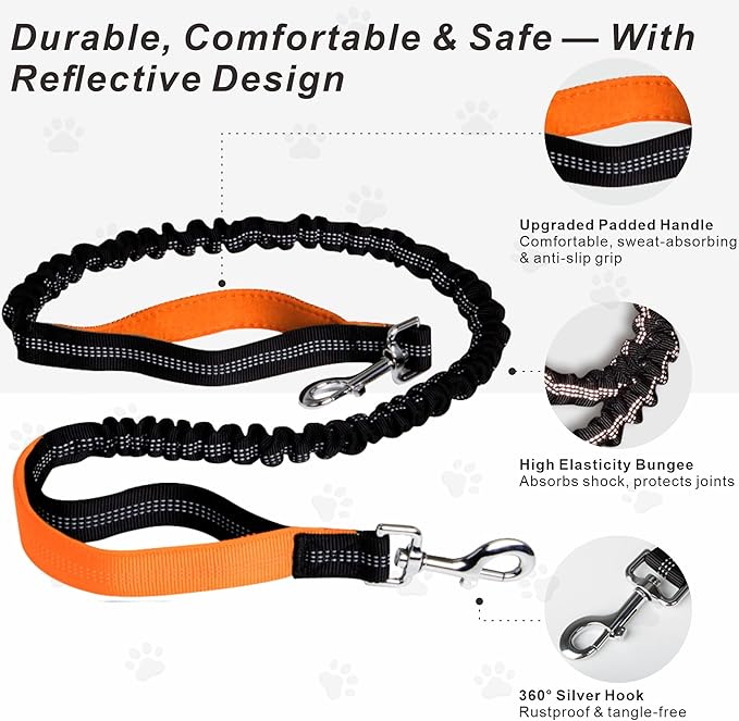 Hands-Free Dog Leash for Dogs up to 130 lbs – Heavy-Duty, Shock-Absorbing Bungee Leash with Zipper Pouch, Dual Padded Handles & Adjustable Waist Belt for Running & Walking – Bright Orange