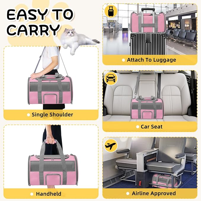 Pet Carrier Airline Approved for Puppy Medium Cats 15 Lbs Small Dog Carrier Breathable Collapsible Soft Sided Cat Travel Carriers, Pink with Grey