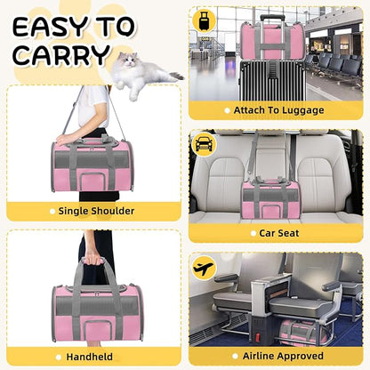 Pet Carrier Airline Approved for Puppy Medium Cats 15 Lbs Small Dog Carrier Breathable Collapsible Soft Sided Cat Travel Carriers, Pink with Grey